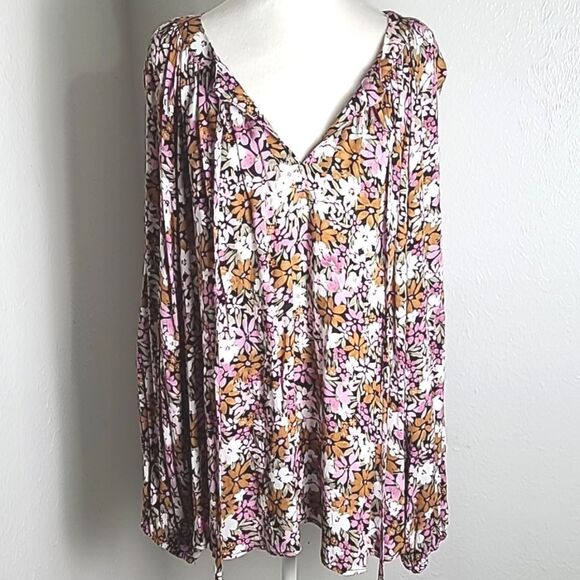Emily Wonder Fall Bouquet Top, Pink, White, Rust, Tie & Loophole, Size 1X, NWT - Picture 2 of 12